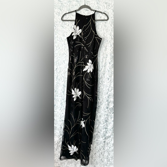 Belle Badgley Mischka Dress Gown 6 Black Embroidered Sequins Leaves Gold Formal - Picture 2 of 12